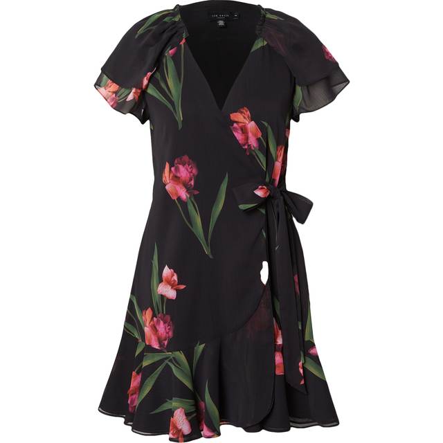Ted Baker Fasnia Floral Angel Sleeve Wrap Mini Dress, Black/Fuchsia/Green