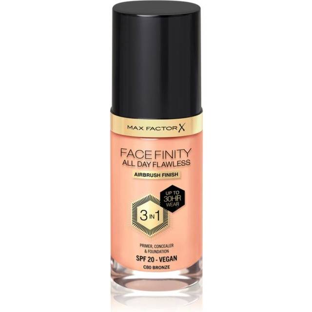 Max Factor Facefinity All Day Flawless foundation – korrigerare, flytande foundation och 3-i-1 ansiktsprimer, vegansk formel, modulärt lock, 30 timmars tätning, SPF20 – C80 brons, 30 ml
