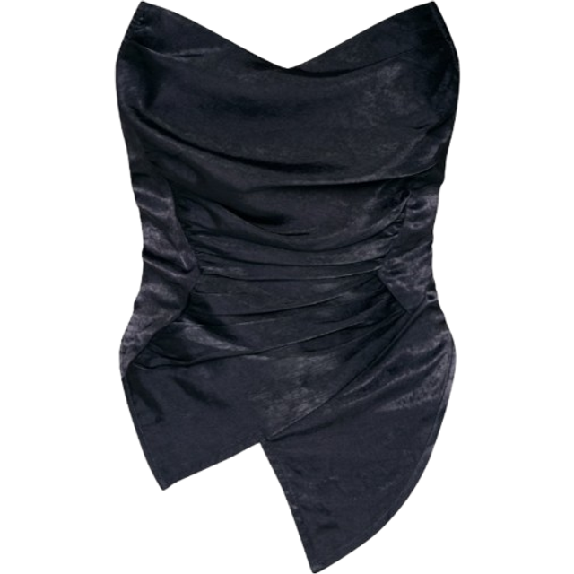 Black Hammered Satin Asymmetric Pointed Hem Corset, Black - 14