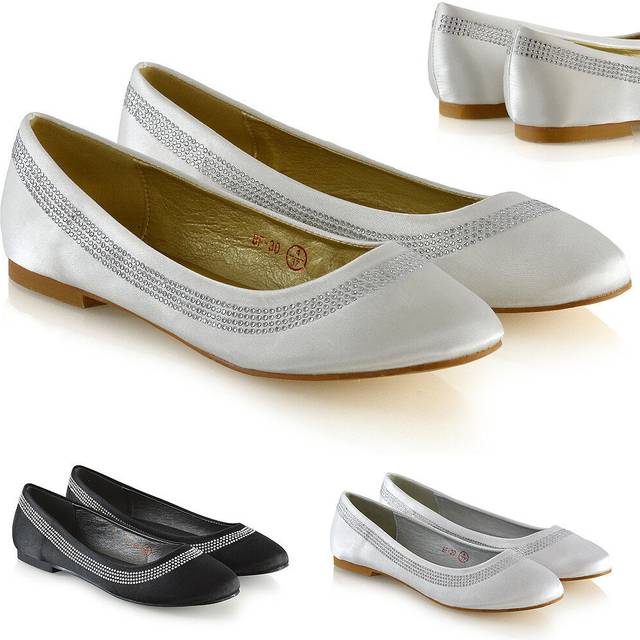 Womens bridal diamante pumps ladies slip on flat satin bridesmaid party shoes