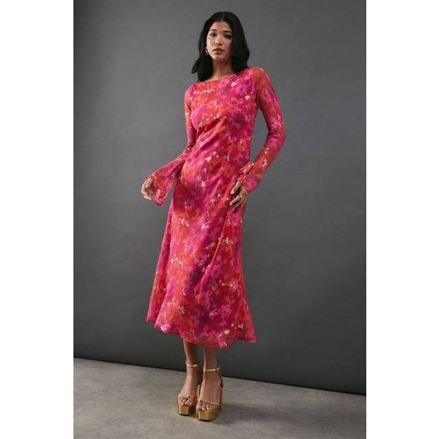 Womens Burnout Floral Chiffon Slash Neck Bias Midi Dress - Pink - 10