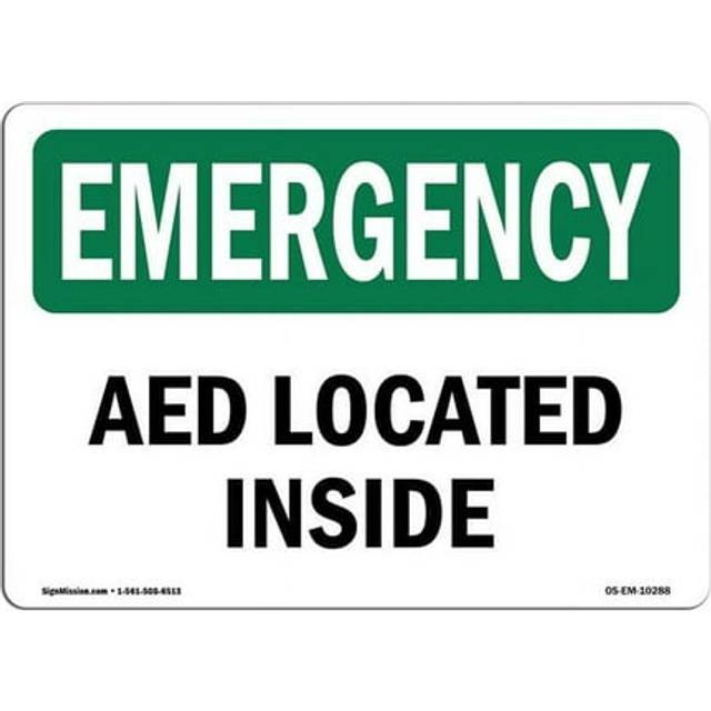 SignMission OS-EM-D-57-L-10288 OSHA Emergency Sign - AED Located Inside