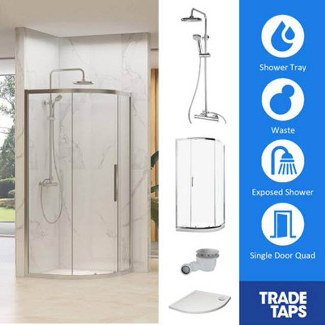 Synergy Designer Quad Chrome Door, Tray, Waste & Trisen Shower Set 900 x 900mm