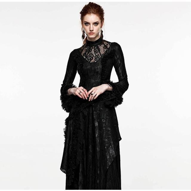 Punk rave womens dark apocalyptic shredded mesh & lace splicing maxi dress