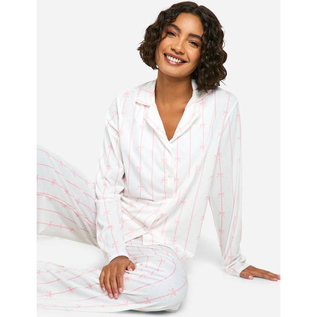 Womens Tall Pinstripe Bow Print Long Sleeve Shirt & Trousers Pyjama Set - White - 12