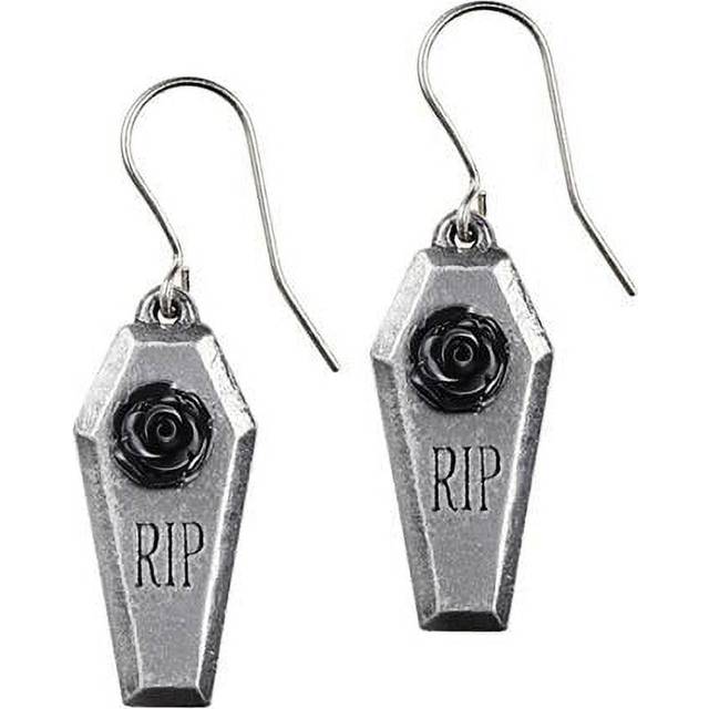 Alchemy Gothic E432 1.10 in. RIP Rose Coffin Shaped Dangle Earrings, Silver