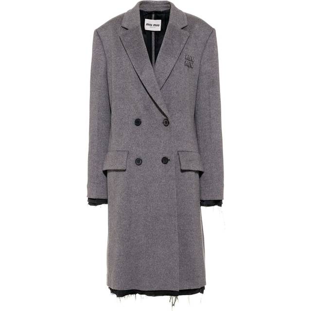 Miu Miu - logo-embroidered double-breasted coat - women - Virgin Wool/Cashmere/Acetate/Cupro - 40 - Grey