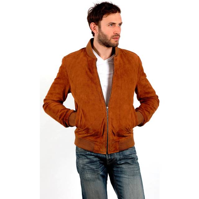 Men's varsity tan 100% suede bomber jacket