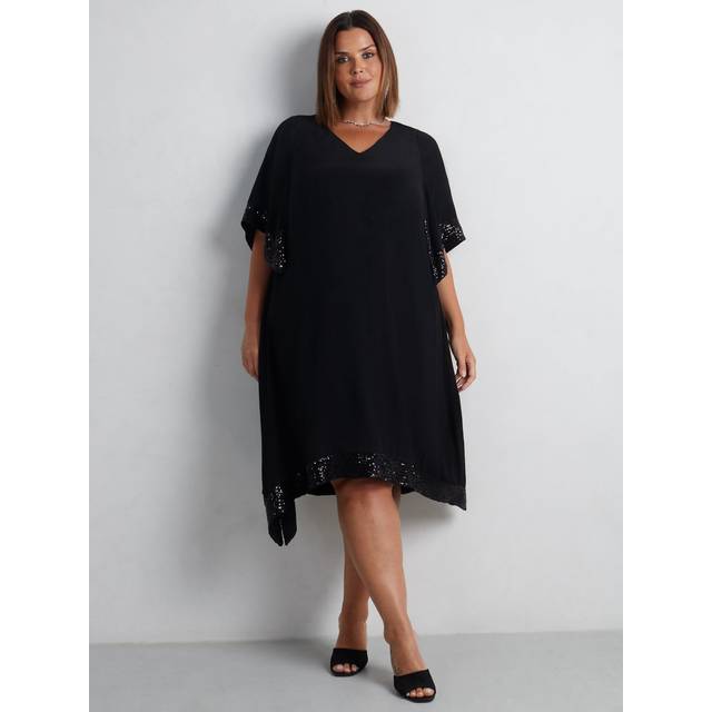 Live Unlimited Curve Sequin Trim Angel Sleeve Dress, Black