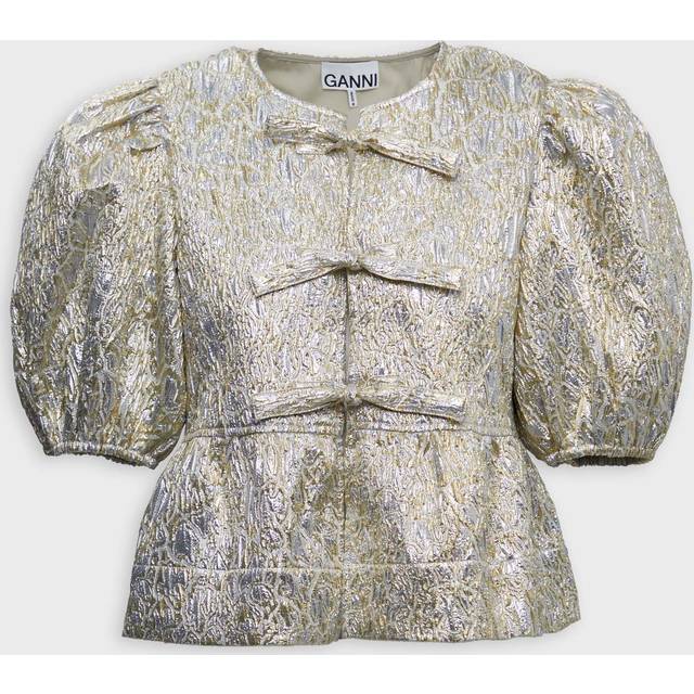 Ganni Metallic Cloqué Peplum Blouse - UK 12 - Gold