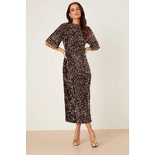 Womens Petite Velvet Sequin Midi Dress - Bronze - 8