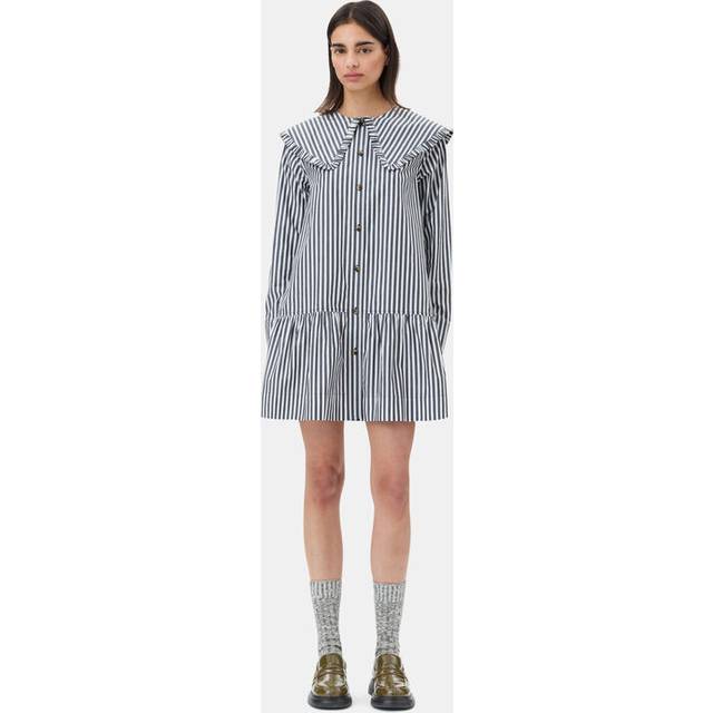 Ganni Stripe Big Collar Cotton-Poplin Mini Shirt Dress - UK 6 - Black