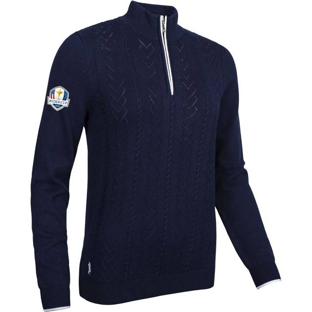 Ladies Quarter Zip Pointelle Heart Cable Touch of Cashmere Midweight Golf Sweater Navy/White XL