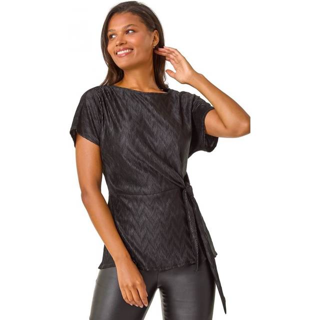 Textured Side Tie Tunic Top - Black - Size 10 - Roman