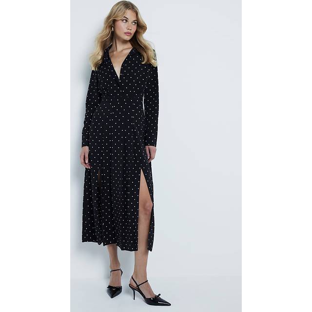 River Island Womens Black Long Sleeve Spotted Shirt Midi Dress - 14