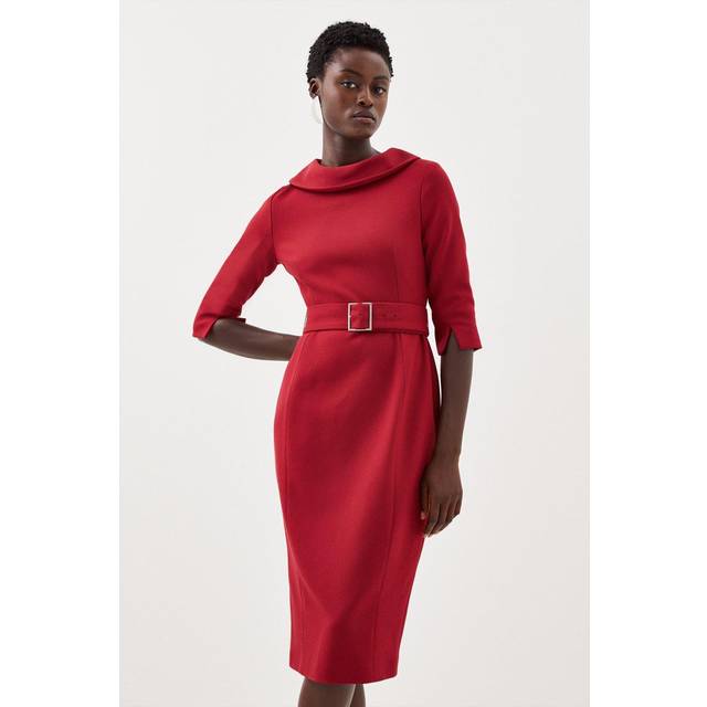 Petite Structured Crepe Roll Neck Belted Tailored Midi Dress - Red