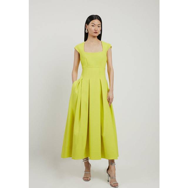 Clean Tailored Square Neck Full Skirted Midi Dress - Yellow