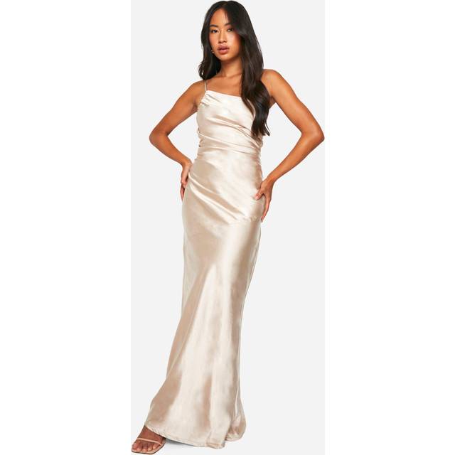 Womens Bridesmaid Satin Asymmetric Maxi Dress - Cream - 16, Cream
