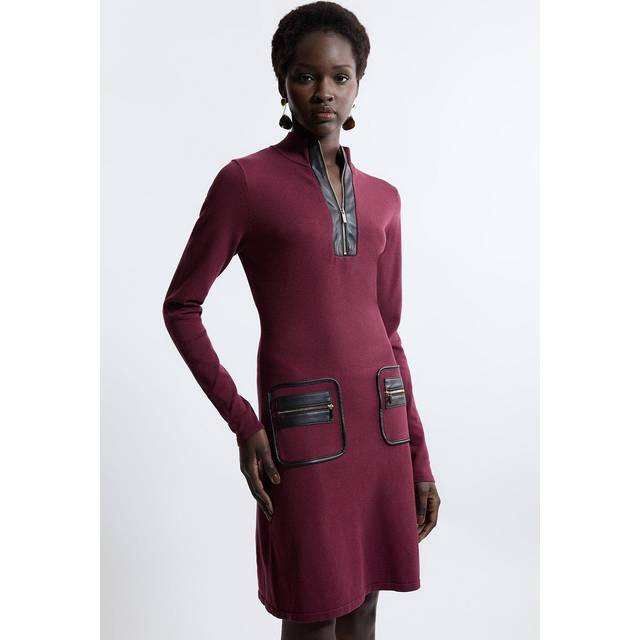 Viscose Blend Rib Mini Pu Detail Dress - Red