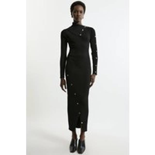 Viscose Blend Rib Envelope Neck Knit Midi Dress - Black