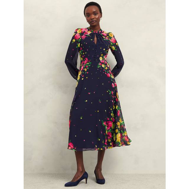 Hobbs Petite Eva Floral Silk Dress, Navy/Multi