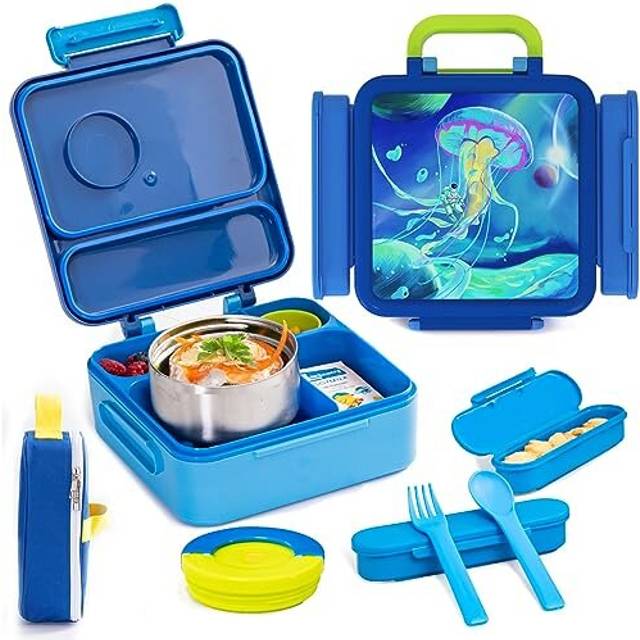 Bento Box for Kids - Insulated Lunch Box with Thermos for School, Leak-Proof Kids Lunch Box with Cutlery and Snack Boxes, 4 Adjustable Compartments
