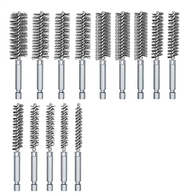 14 Pack Bore Brush for Drill, Stainless Steel Bore Brush Drill, Bore Cleaning Brush Set 1/4 Inch Hex