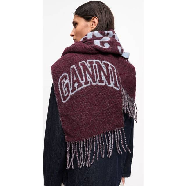 Ganni Narrow Please Recycle Wool-Blend Scarf - Red