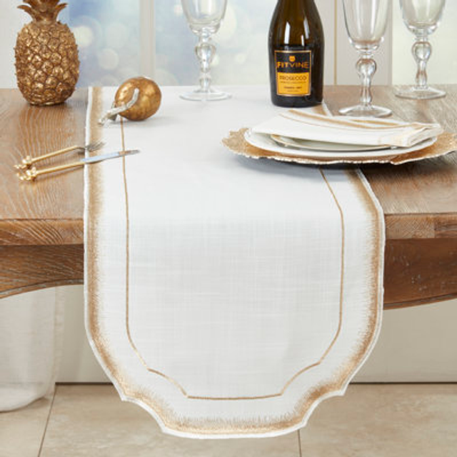 Saro Lifestyle 2941.GL1670B 16 x 70 in. Gold Elegant Embroidery Detail Table Runner, White