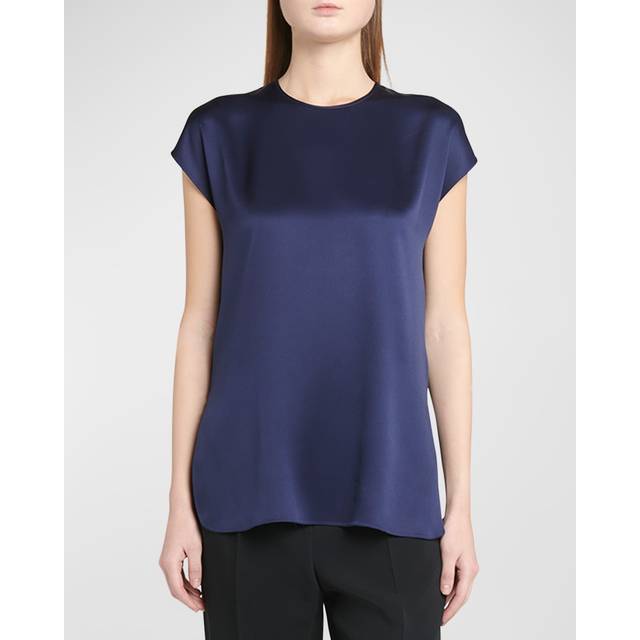 Cap-Sleeve Silk Blouse - NAVY - 48 IT (12 US)