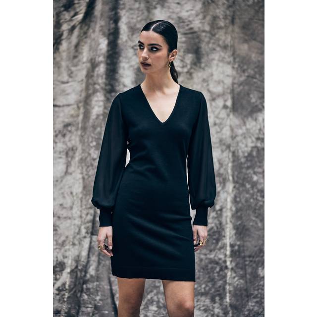 Dual Fabric Mini Dress with Long Sleeves - Black