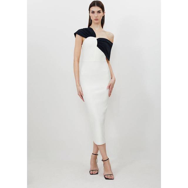 Figure Form Bandage Asymmetric Strap Knit Midi Dress - Cream