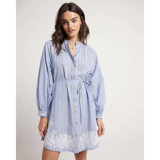River Island Womens Blue Stripe Broderie Lace Mini Shirt Dress - 12