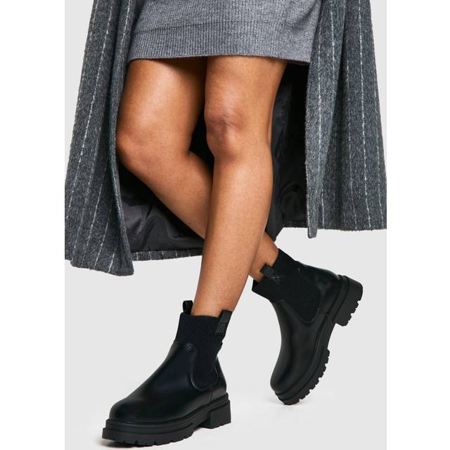 Womens Wide Fit Double Tab Detail Chunky Chelsea Boots - Black - 3