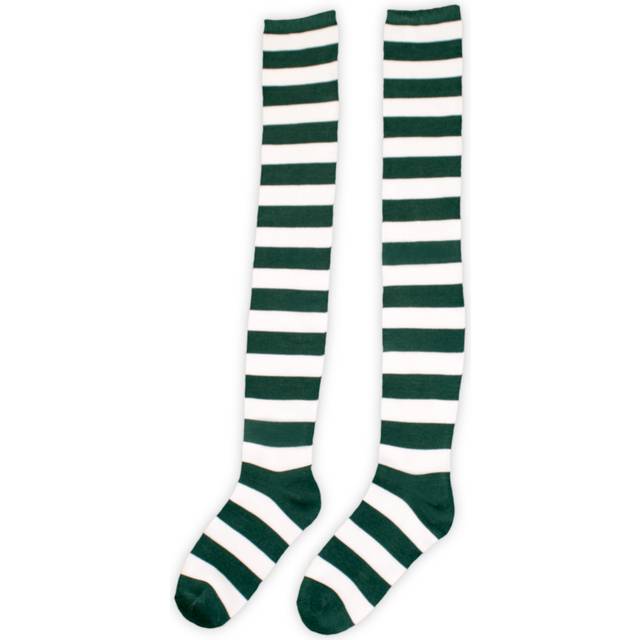 Women's White and Green Striped Long Socks (One-Size)