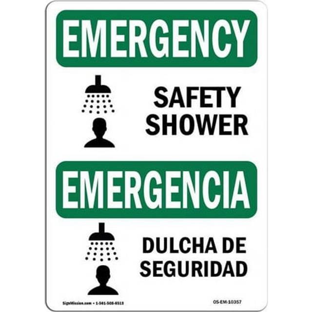 SignMission OS-EM-D-35-L-10357 OSHA Emergency Sign - Safety Shower with Symbol Bilingual