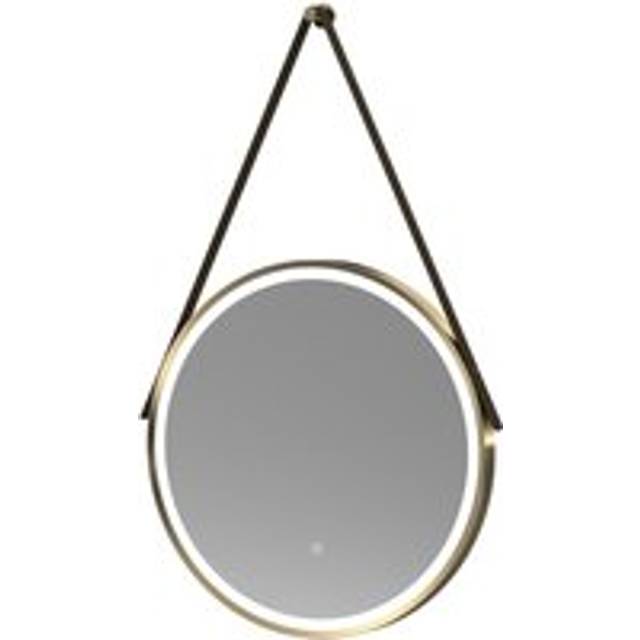 Round LED Illuminated Touch Sensor Framed Mirror with Demister & Strap, 600mm - Brushed Brass/Brown