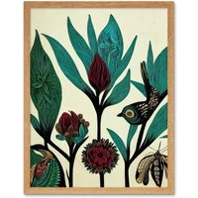 Wall Art Print Abstract Folk Art Leaves Flowers Birds Vintage Style Green Burgundy Cream Black Art Framed - Tan - W12 inch x H16 inch