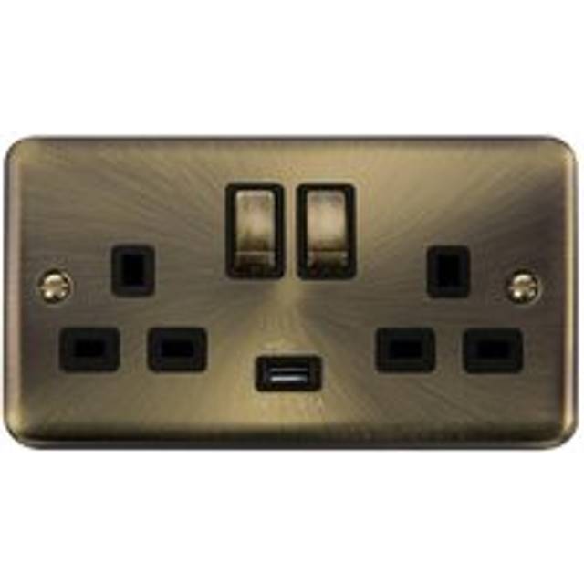 Se Home - Curved Antique Brass 2 Gang 13A dp Ingot 1 usb Twin Double Switched Plug Socket - Black Trim