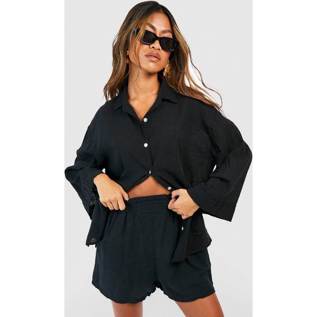Womens Textured Lightweight Cotton Elasticated Waist Shorts - Black - 10