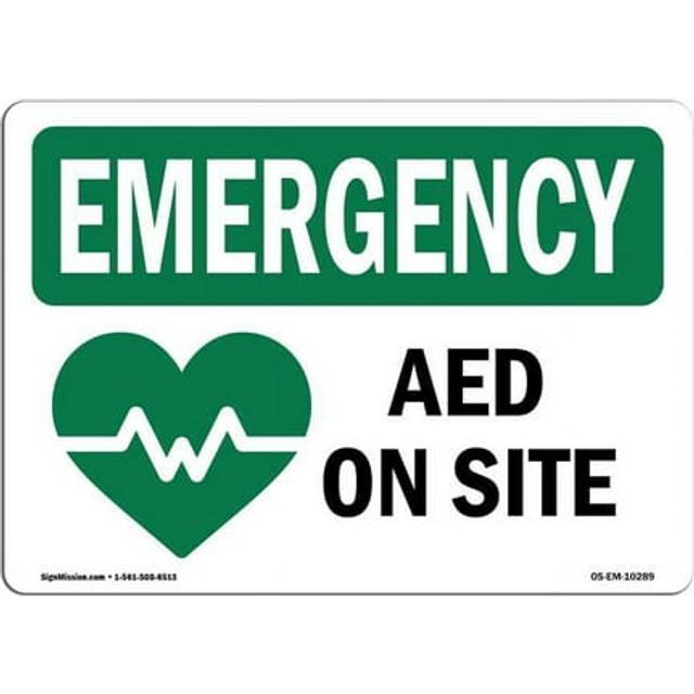 SignMission OS-EM-P-1218-L-10289 OSHA Emergency Sign - AED On Site with Symbol