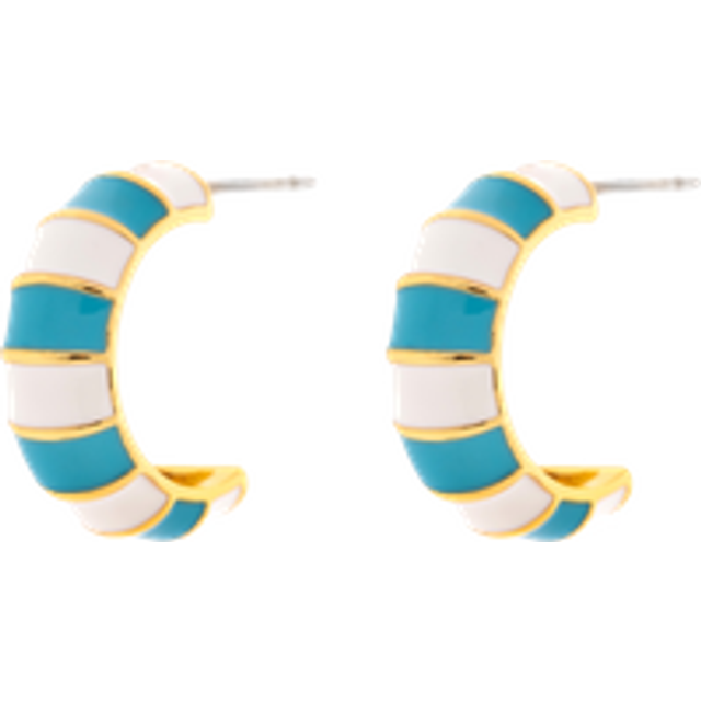 Striped Enamel Gold Hoop Earrings in Blue & White - One Size