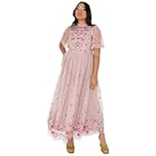 Embroidered Short Sleeve Midaxi Dress - Pink - 12