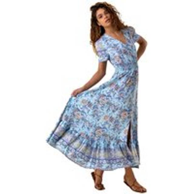 Print Shirred Waist Maxi Dress - Blue - Size 18 - Roman