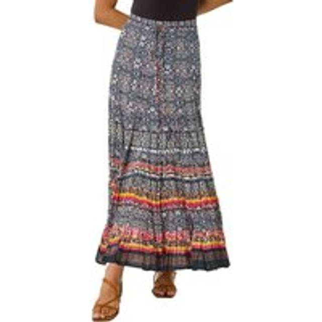Roman Black Aztec Crinkle Cotton Tiered Maxi Skirt - Size 14