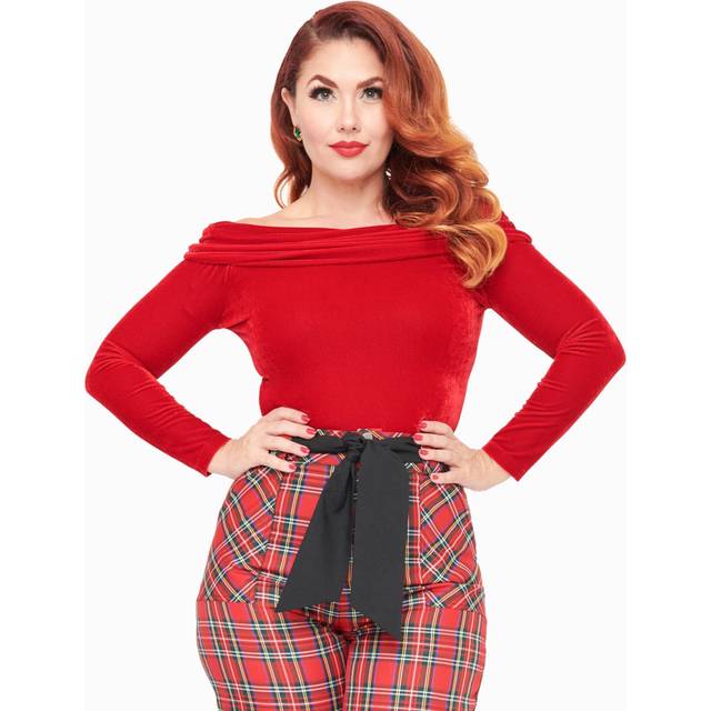 Unique Vintage 1960S Red Velvet Folded Shoulder Knit Top - Medium/6-8