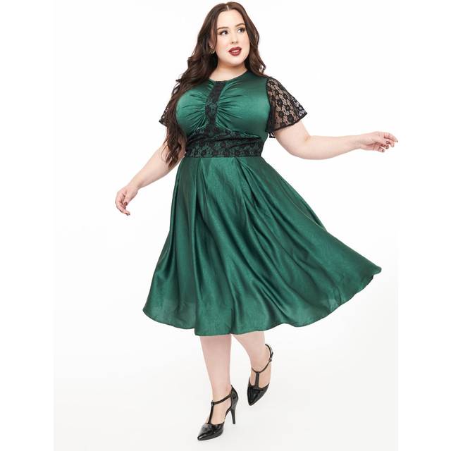 Unique Vintage Plus Size 1940S Emerald Green & Black Lace Swing Dress - 5X/26