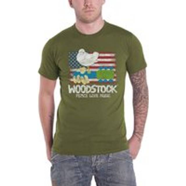 (M, Military Green) Woodstock Flag Logo T Shirt