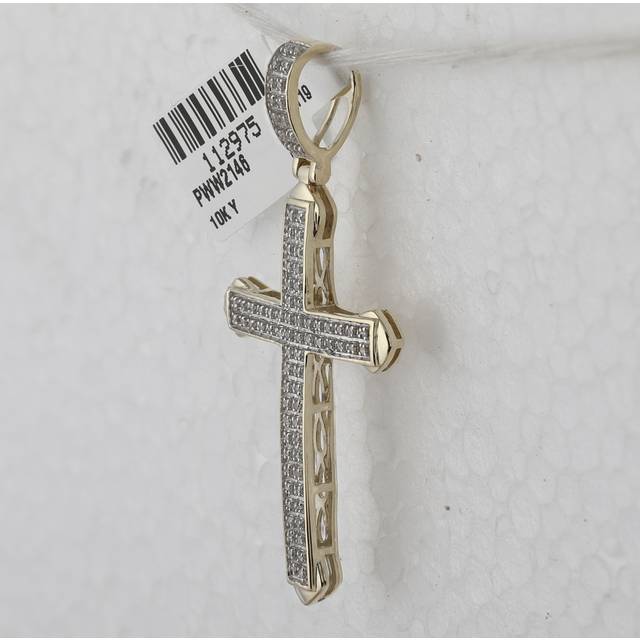 GND 112975 10KT Yellow Gold Mens Round Diamond Cross Charm Pendant - 0.25 CTTW