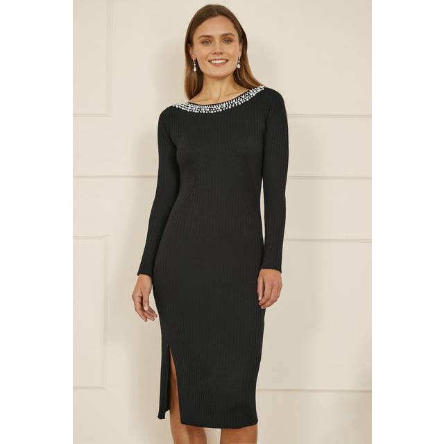 Yumi Women's Black Pearl Trim Knitted Midi Dress New Look - L